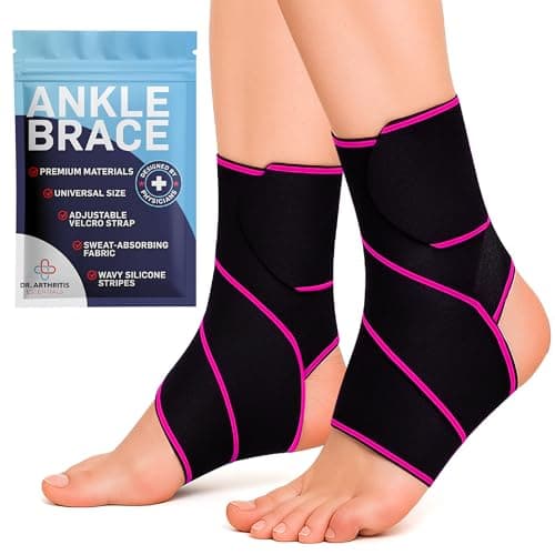 Image of Dr. Arthritis Essentials Ankle Brace for Men & Women, Stabilizing Ankle Support for Ligament Damage, Sprains, Sports Injuries, and Plantar Fasciitis Relief, Fits Left & Right Foot (Pink 2 Pack)