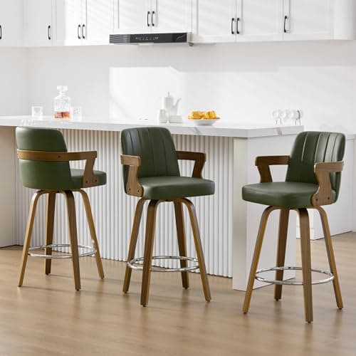 Image of WOOW DEPOT Green Bar Stools Set of 3, 65CM Counter Height Bar Chairs with Walnut Wooden Arms, High Back Faux Leather Upholstered Kitchen Bar Stools, Support 150KG