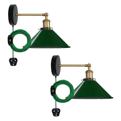 Image of LEDSone Industrial Wall Sconce Adjustable Arm Light dimmer Switch Plug in 22cm Green Metal Cone Lamp Shade with E27 Base Wall Lights for Restaurant Office and Indoor Home Decor