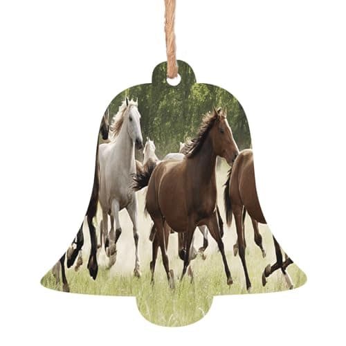 Image of Various Kinds of Horses -Print Handmade Christmas Wooden Ornaments 6 Pcs, Eco-Friendly Holiday Decor Hemp Rope For Tree Wall Party Decoration. Bell Shape