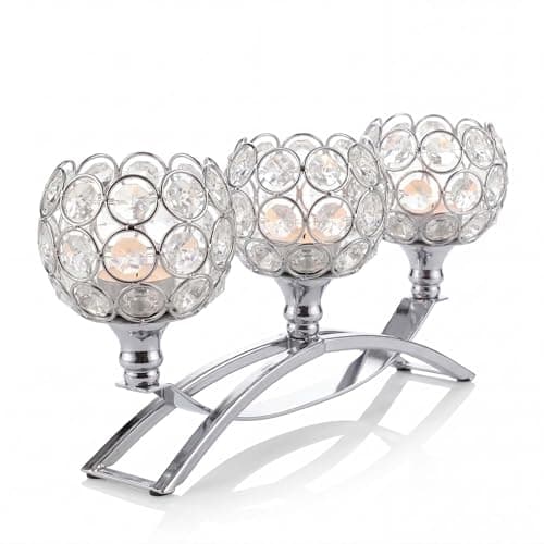 Image of 3 Arms Silver Candle Holders with K9 Crystal, Arch Tea Light Candelabra for Table Centre Piece Decoration, Wedding, Fireplace, Dining Table, Living Room Home Decoration