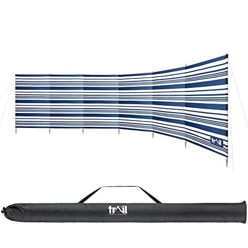 Image of Trail Premium 7 Pole Wooden Windbreak with Bag, 5.4m x 1.25m Tall Windbreaker Sun Shelter Privacy Screen with Metal Spikes, Reinforced Stitching, Outdoor Camping Festival Garden (Blue & White Striped)