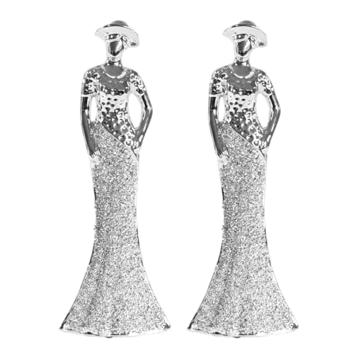 Image of Darthome Set of 2 Silver Elegant Lady Figure Ornaments, 11x31x6cm, Art Deco Hands On Hips Women Crushed Diamond Effect Sculptures