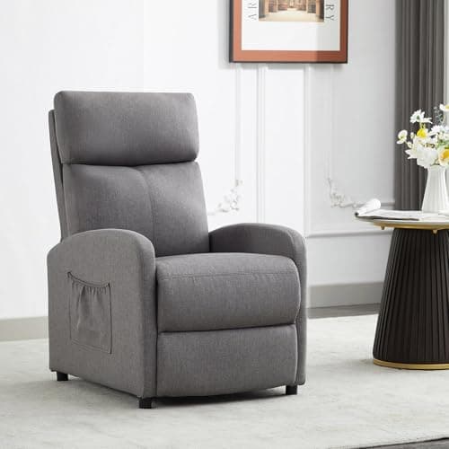 Image of mcc direct Push Back Recliner Chair, Linen Fabric Single Sofa with Lumbar Support, Padded Backrest, Side Pocket and Adjustable Leg Rest for Home Living Room Theatre (Grey)