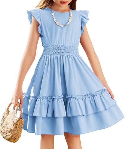 Image of Arshiner Girls Dresses Flutter Sleeve Kids Summer Cotton Casual A-Line Dress Girdle Tiered Swing Festive Dress for Girls 11-12 Years Light Blue
