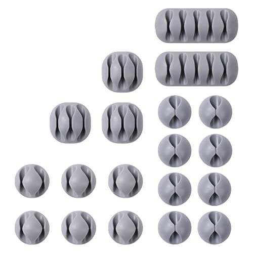Image of URAQT Cable Clips Holders, 20 Pcs Cable Tidy Clips Management, Desktop Cord Holder, Charging Cord Cable Management for Home, Office, Car and Desk, Grey