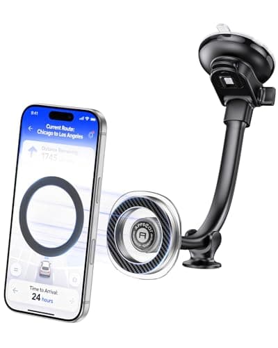 Image of APPS2Car Magnetic Car Phone Holder for MagSafe, Long Arm Suction Cup Windscreen & Dashboard Mount, Super Strong Magnet, One-Hand Adjustable, iPhone 17/16/15/14/13/12 + Metal Ring for Android