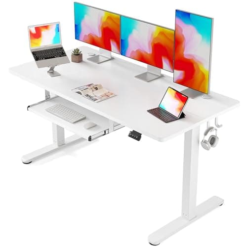 Image of FEZIBO Height Adjustable Electric Standing Desk with Keyboard Tray, 160 x 60 cm Sit Stand up Desk with Splice Board, White Frame/White Top