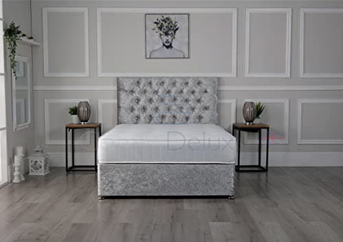 Image of Comfy Deluxe LTD 3FT Single Bed Set with Memory Sprung Mattress - Silver Crushed Velvet Divan Bed Frame with 20" Chesterfield Headboard, Chrome Glider Feet & No Storage - UK Made