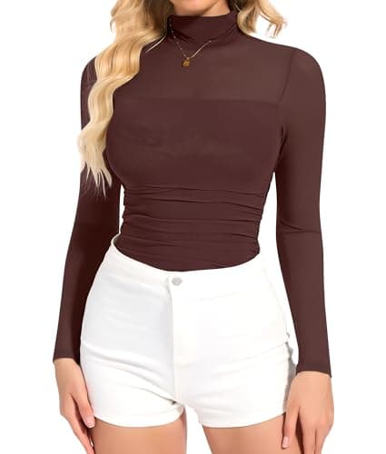 Image of SHAPERIN Mesh Bodysuit Long Sleeve Women Sexy Sheer Mesh Bodysuits Tops Mock Turtle Neck Going Out Party Club Brown M