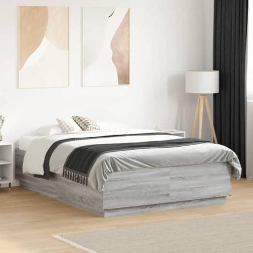 Image of RCODSSK LED Bed Frame with RGB Lights, 135x190 cm Double Bed Frame without Mattress, Engineered Wood Platform with Sturdy Slats, Grey Sonoma