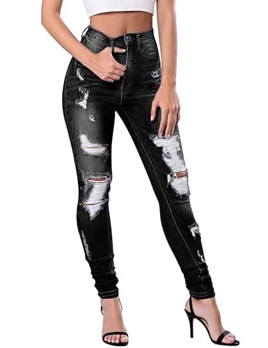 Image of Fengbay Women's High Waisted Skinny Jeans, Black, Size 16, Ankle Length, Distressed, Stretchy Cotton, Regular Fit, High Rise, Perfect for Casual Wear, Nights Out, Vacations