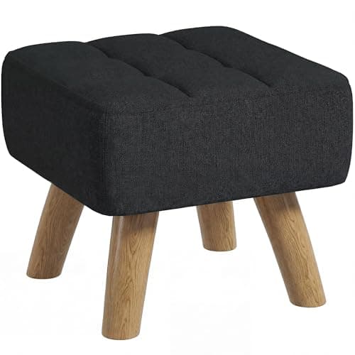Image of HOMCOM Modern Tufted Footstool, Fabric Foot Stool with Rubber Wood Legs, Padded Seat, for Living Room, Bedroom, Entryway, Black