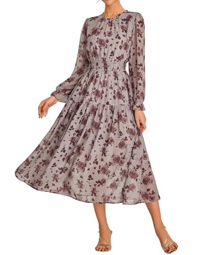 Image of GRACE KARIN Women Summer Lightweight Chiffon Floral Dress Long Sleeve A-Line Elastic Waist Dresses CL0211-02/Dark Red Rose M