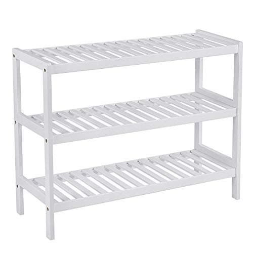 Image of Taylor & Brown 3 Tier White Bamboo Shoe Rack Shelf Organiser Ideal for Bedroom, Bathroom, Hallway & Small Spaces Large Capacity Up to 12 Pairs of Shoes (54.5x70x24.5cm)