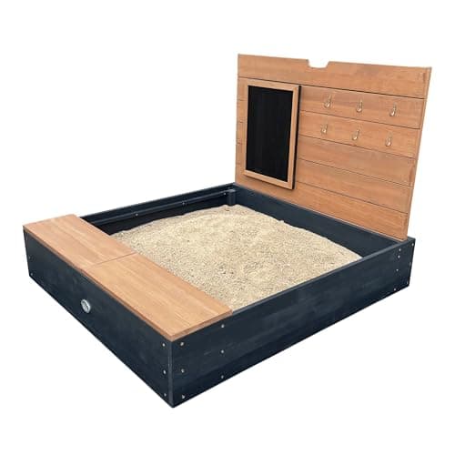 Image of AXI Mandy Wooden Sandpit with Bench, Storage space, Lid & Chalkboard | Sandbox wood for Garden in anthracite & brown including ground cover | 3.4 x 3 ft