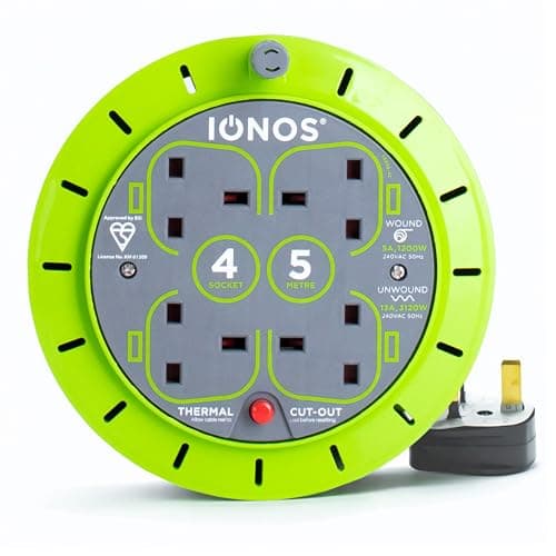 Image of IONOS 4 Socket Cable Reel, 5m, Green, 13 Amp, Thermal Cut Out, Heavy Duty, Outdoor Extension Lead, Ideal for DIY, Workshop, Garden, Home Use (ION5M13AACR6)
