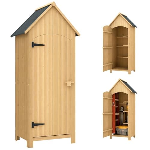 Image of Outsunny Wooden Garden Storage Shed with 3 Shelves, Outdoor Tool Storage Cabinet with Tilt Roof and Lockable Door, 77.5 x 54.2 x 179.5 cm, Natural