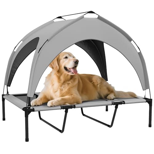 Image of PawHut Cooling Raised Dog Bed, Elevated Pet Bed with Breathable Mesh, UV Protection Canopy, Foot Pads, for Indoor Outdoor, Large Dogs, 106 x 76 x 94cm - Light Grey