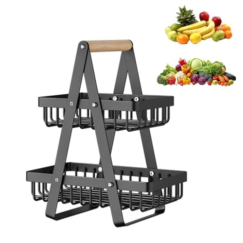 Image of 2 Tier Fruit Basket,Vegetable Rack,Bread Basket,Detachable Mesh Fruit Baskets With Wooden Handle,Vegetable Storage Rack For Kitchens Home,Office,Vegetables,Onion,Banana,Potato,Snack Basket(Black)