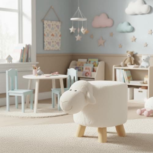 Image of Wooden Animal Stool - 30cm Sheep Design, Plush Faux Fur Seat with Removable Washable Cover, Child-Safe Durable Wooden Frame, Decorative Chair for Kids, Lightweight and Easy to Move