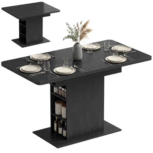 Image of HOMCOM Extendable Dining Table for 4-6 People, 110-130cm Kitchen Table with 6 Open Shelves, Storage Compartment for Home, Living Room, Small Spaces, Black