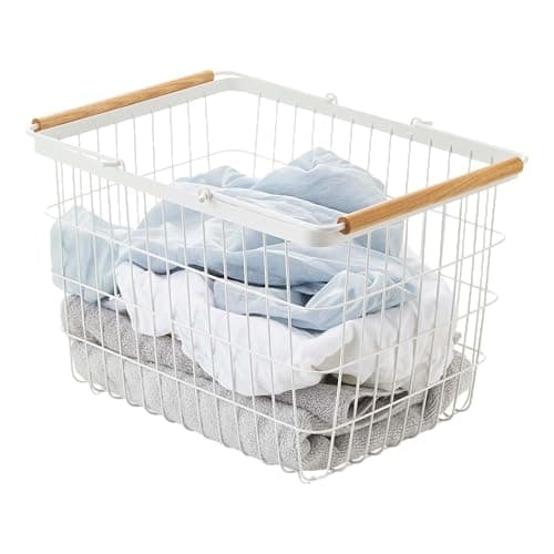 Image of Yamazaki 2809 TOSCA Laundry Basket Medium, white, Steel/Wood, Minimalist, 41.5 x 31 x 27 cm