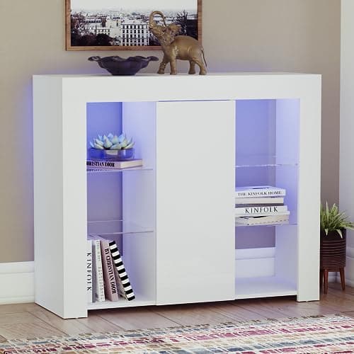 Image of Vida Designs Large Azura 1 Door Modern LED Sideboard in White, RGB Lights (Fade/Strobe Options Included), High Gloss