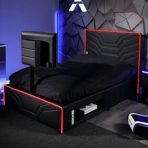 Image of X-Rocker Oracle RGB TV Gaming Bed with Rotating TV Mount and Neo Fibre LED Lighting, Storage and Cable Management, Double 4ft6 Low Sleeper Bedstead 55" TV with 135x190cm Mattress Included - BLACK