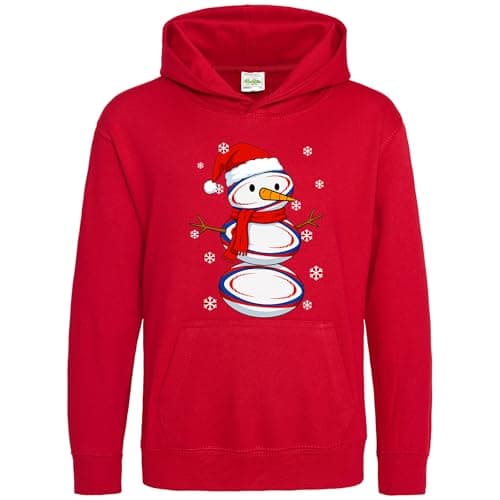 Image of Purple Print House Rugby Ball Snowman Kids Christmas Hoodie - Festive Rugger Fan Xmas Hooded Top - Boys Girls Snowflakes Design - Sports Lover Gift - Son or Daughter, 7-8 Years, Red