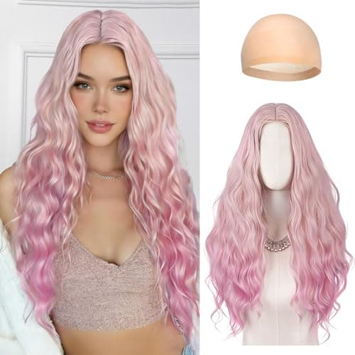 Image of DAVBNM Long Pink Wigs for Women, 28" Long Wavy Wig Party Wig, Gradient Pink Centre-Parted Wigs, Heat Resistant Synthetic Wave Hair, Curly Full Hair for Daily Wear Parties Cosplay Carnival Celebrations
