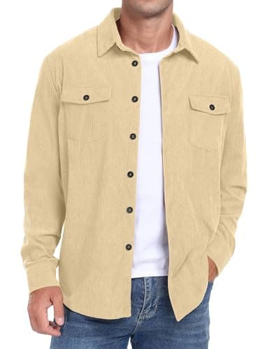 Image of QIXING Men's Corduroy Button Down Shirts Long Sleeve Shacket Trucker Jacket Autumn Winter Coats with Flap Pockets (Apricot, L)