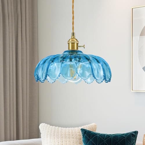 Image of Vintage Glass Pendant Light,Blue Hanging Lights,Brass Base,150CM Hanging Cord,E26 E27 Socket,For Kitchen Island Dining Room Bedroom Office Hallway Entryway Foyer,Floral Chandelier Ceiling Lights