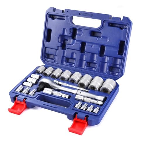 Image of WORKPRO 22-Piece Socket Set with Ratchet Handle, 1/4, 3/8, 1/2 Inch Drive Ratchet Wrench, Cr-V Metric Socket Set with Extension Bars, Mechanics Tool Sets for DIY, Car Repair with Storage Case