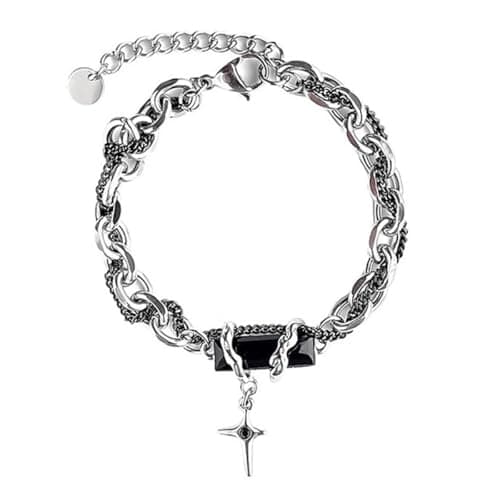 Image of CCAIPU Black Diamond Star Bracelet for Men Women, Titanium Steel Chain Bracelets, Silver Cuban Link Chain Bracelet Gothic Jewelry Accessories (Black)