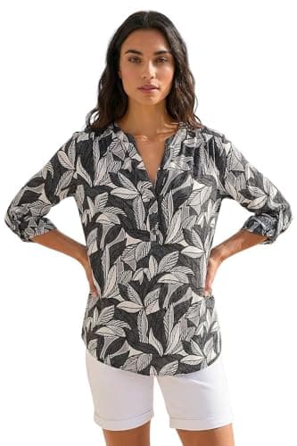 Image of Roman Shirt for Women UK Ladies Top Collarless Blouse Stretchy Tunic Smart Casual Autumn Winter Jersey 3/4 Length Sleeve Notch V Neck Flattering Office Work - Leaf Puff Black - Size 20