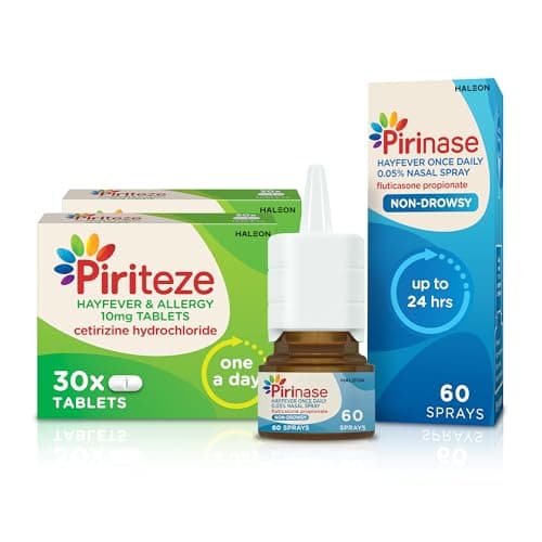 Image of Piriteze Allergy Relief Antihistamine Tablets (60) & Pirinase Hayfever Once Daily Nasal Spray Bundle - Hayfever Tablets with Cetirizine - Hayfever Nasal Spray - Allergy Tablet & Sinus Relief