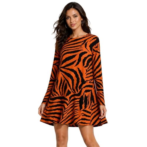 Image of janisramone Womens Ladies New Animal Zebra Print Long Sleeve Flared Skater Swing Dress Stretchy Mini Top Neon Orange