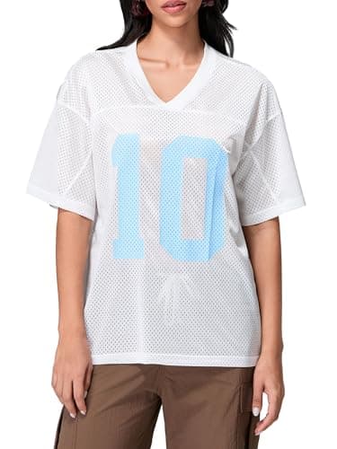 Image of Anuedgis Women's Y2k Oversized Jersey Shirts Cute V Neck Number Graphic Basketball T-Shirt Summer Going Out Varsity Top Aesthetic Clothes (E-White, M)