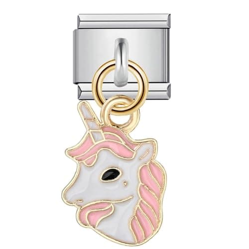 Image of Mon & Sons Unicorn Cancer Graduation Magic 8 Flower Love Heart Evil Eye Wife Funny Silver Charm 9mm Italian Link Compatible With Modular Bracelet (Unicorn Corn Pony Horse Dangle)