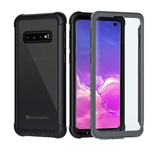 Image of seacosmo Samsung S10 Case with Screen Protector, Galaxy S10 Cover Shockproof Full Body Protective [Compatible with Fingerprint Sensor] Slim Fit Bumper Phone Case for Samsung Galaxy S10 - Black/Grey