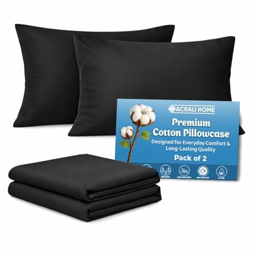 Image of Acrali Home Black Egyptian Cotton Pillow Cases 2 Pack, Standard Size 50x75 cm - 200 Thread Count - Hotel Quality Super Soft, Breathable Pillow Covers with Envelope Closure