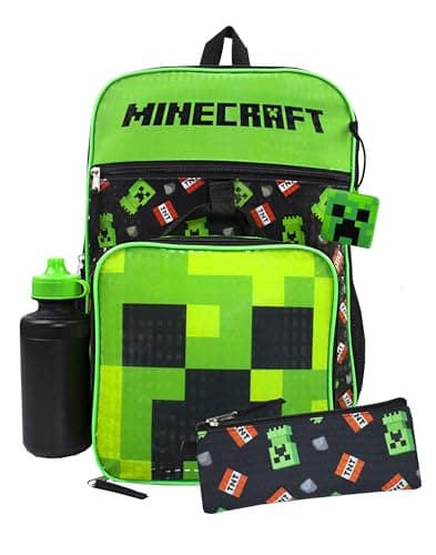 Image of Minecraft Creeper Backpack | Boys Creeper TNT 5 Piece Set | Gamer Rucksack Pencil & Case Bottle One Size