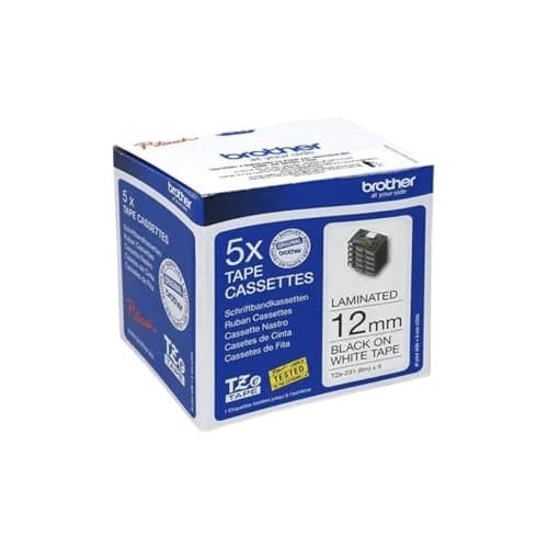 Image of Brother TZe-231 Labelling Tape Cassettes, Black on White, Multi-Pack, Includes 5 x Tapes, Brother Genuine Supplies, 12 mm (Multi-Pack)