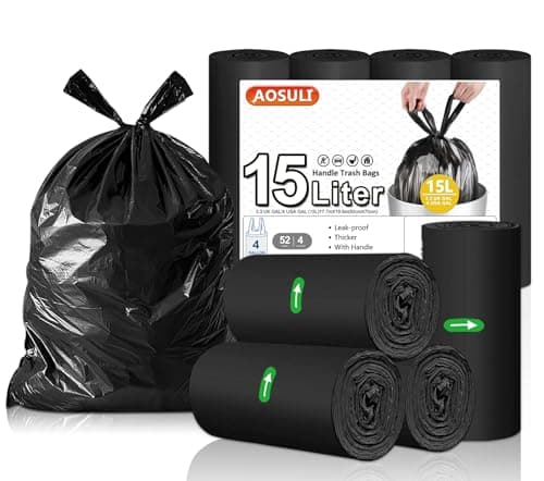 Image of AOSULI 15Liter Bin Bags with Tie Handles 52 Counts Trash/Garbage Bags Black Small Pedal Bin Liners for Home Office, Lawn,Bathroom,Toilet Wastebasket (Fits 0.8,1.5,1.2 3 4Gal Gallon Bins)