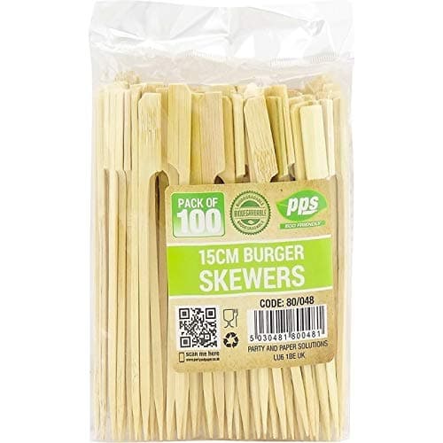 Image of 100 x Wooden Flat Paddle Burger Sandwich Skewers - 15cm Bamboo Sticks, 100% Compostable and Biodegradable Barbeque, Kebabs, Cocktails Buffet Party
