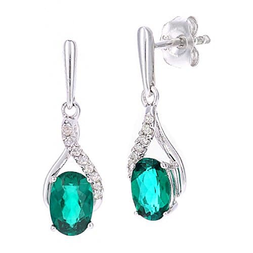 Image of Naava 9ct White Gold Oval Emerald and Diamond Twist Drop Earrings of 46cm