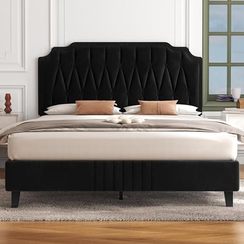Image of Yaheetech 4ft6 Double Bed Frame Upholstered Platform Bed with Adjustable Button Tufted Headboard/Velvet Fabric/Sturdy Wooden Slat Support/No Box Spring Needed, Black Double Bed