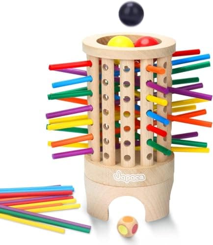Image of Japace Wooden Montessori Educational Toys, Leaning Tower of Pisa Motor Skill Developmental Toy Board Games with 36 Colorful Wooden Sticks and Dice, Family Game Party Games for Kids and Adults