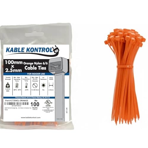 Image of Kable Kontrol Orange Cable Ties, 100 mm x 2.5 mm, Pack of 100, 4" Premium Nylon Zip Ties, Multi-Purpose Plastic Tie Wraps, Secure Self-Locking Mechanism, for Home, Garden, Office and DIY